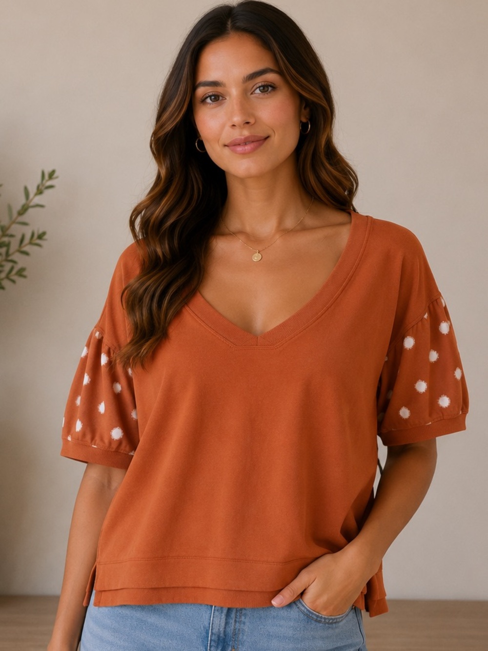 Anthropologie | Women's Rust V-Neck Puff Sleeve Top